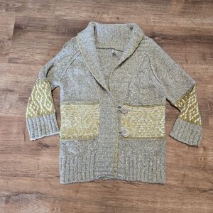 BKE Tan and Yellow Cardigan Sweater Button Medium Wool Blend